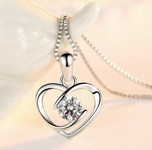 Women Crystal Heart Swirl Pendant Chain Necklace 925 Sterling Silver Jewellery