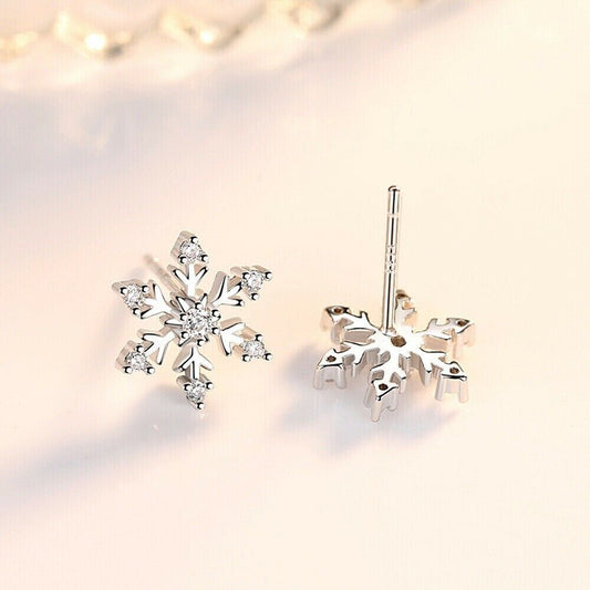 925 Sterling Silver Snowflake Stud Earrings Womens Girls Jewellery Xmas Gift New