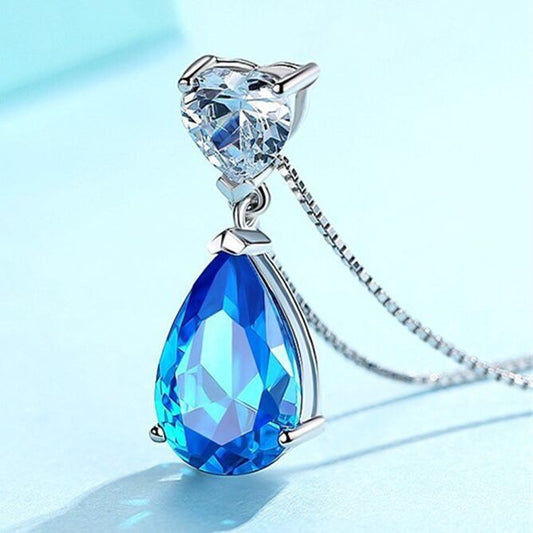 925 Sterling Silver Crystal Heart Water Drop Pendant Necklace Womens Jewellery