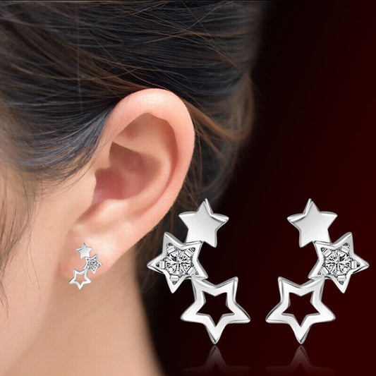 925 Sterling Silver Triple Star Linked Stud Earrings Womens Girls Jewellery New