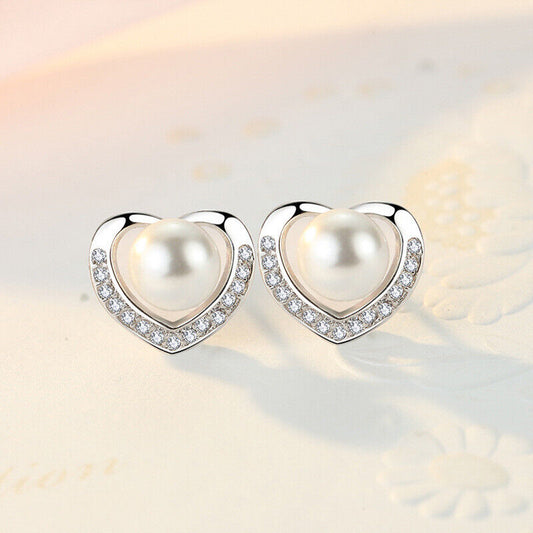 925 Sterling Silver Heart Pearl Stud Earrings Womens Girls Jewellery New Gift UK