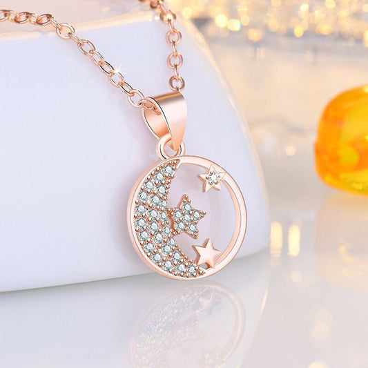 925 Sterling Silver Moon Star Rose Gold Pendant Necklace Womens Jewellery