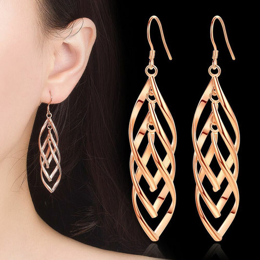 925 Sterling Silver Long Triple Leaf Drop Dangle Hook Earrings Women Jewellery