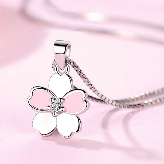 Beautiful Pink Flower Pendant Chain Necklace 925 Sterling Silver Women Jewellery