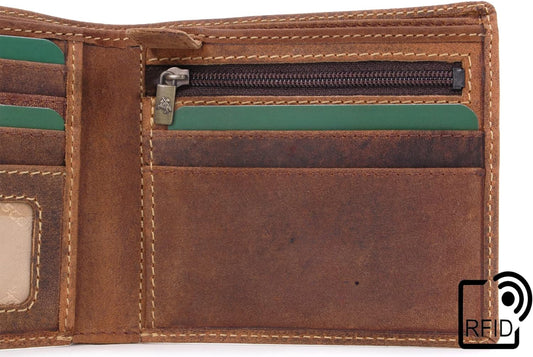 Mens Wallet - Hunter Leather- Gift Boxed 707 Shield Oil Tan RFID