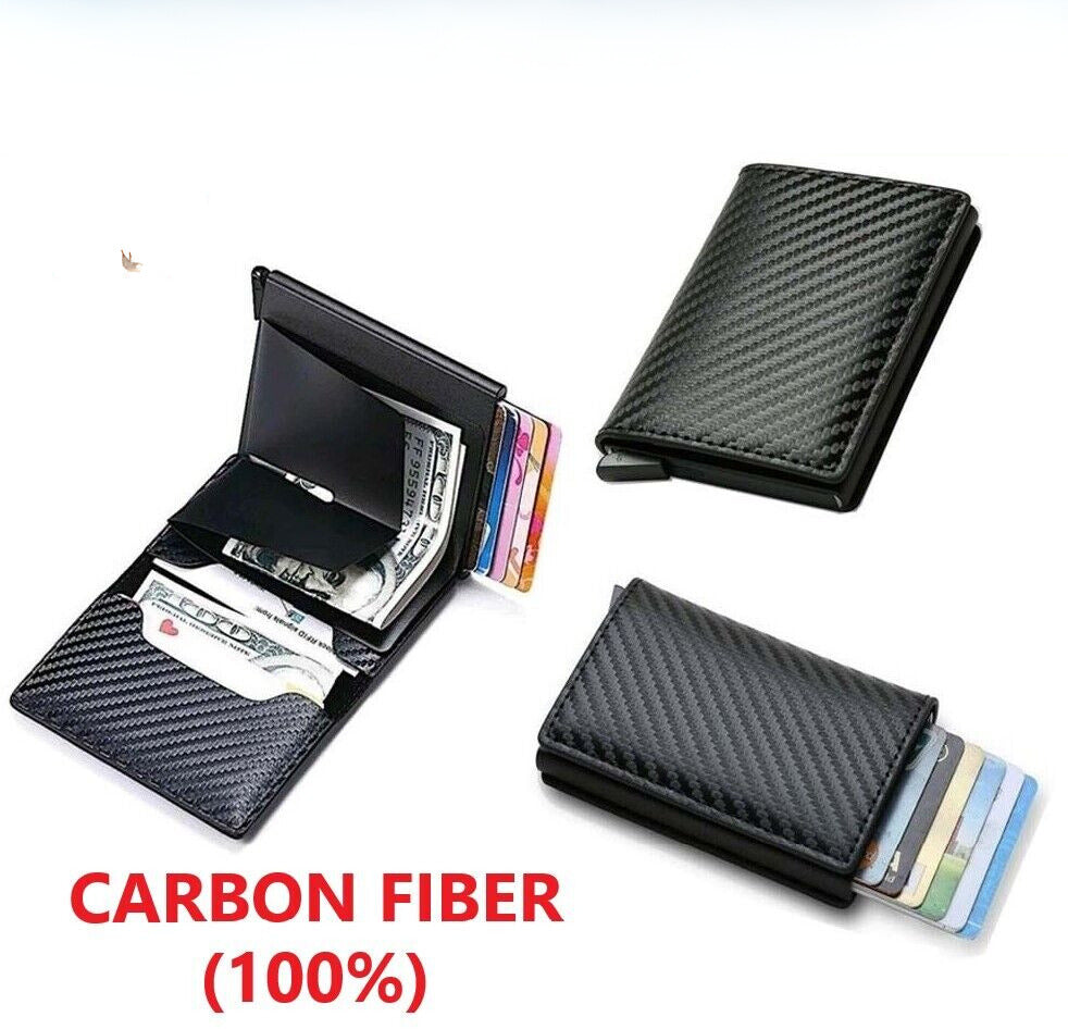 LEATHER CARBON FIBER Mens Wallet RFID Blocking Purse Slim ID Credit Card Holder