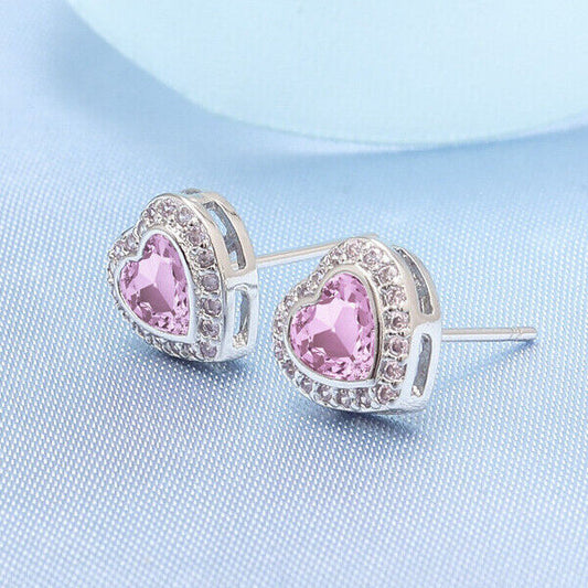 925 Sterling Silver Pink Heart Stud Earrings Womens Girls Jewellery Gift New UK