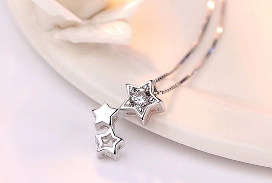 925 Sterling Silver Multi Star Linked Pendant Chain Necklace Women's Jewellery