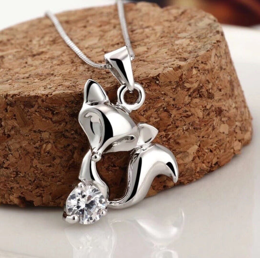 Crystal Stone Fox Pendant Chain Necklace 925 Sterling Silver Women's Girl's Gift