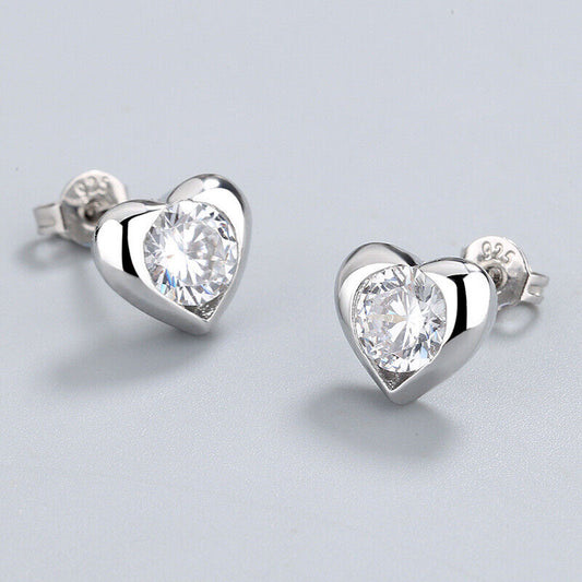 925 Sterling Silver Heart Round CZ Stud Earrings Womens Girls Jewellery New UK