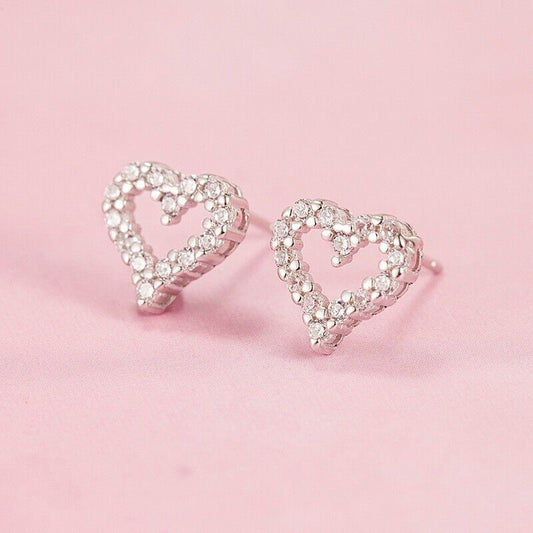 925 Sterling Silver Full Stone Heart Stud Earrings Womens Girls Jewellery New UK