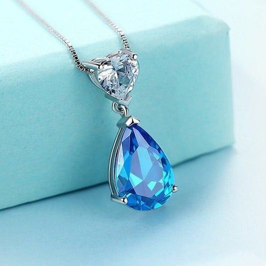 Crystal Heart Water Drop Pendant Necklace 925 Sterling Silver Womens Jewellery