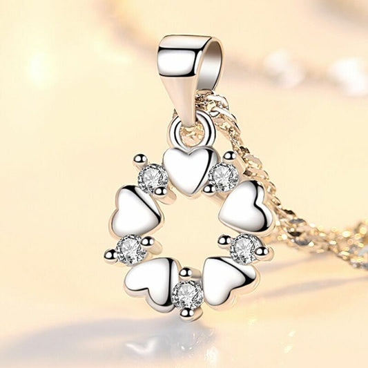 Crystal Heart Linked Charm Pendant Chain Necklace 925 Sterling Silver Jewellery