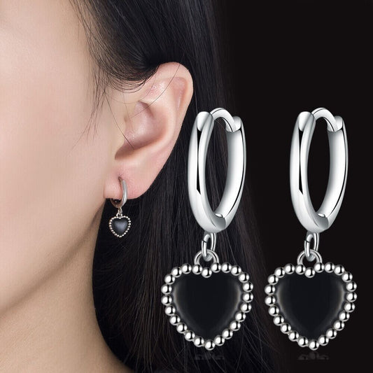 925 Sterling Silver Black Heart Hoop Earrings Women Girls Jewellery Gift