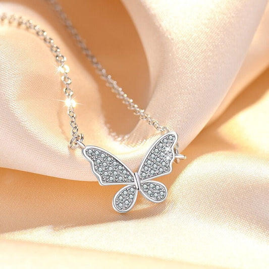 925 Sterling Silver Crystal Butterfly Pendant Necklace Womens Girls Jewellery