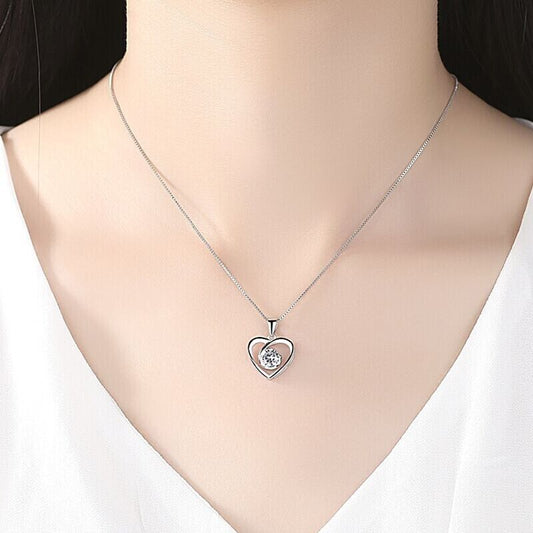 925 Sterling Silver Crystal Heart Swirl Pendant Necklace Women Girls Jewellery