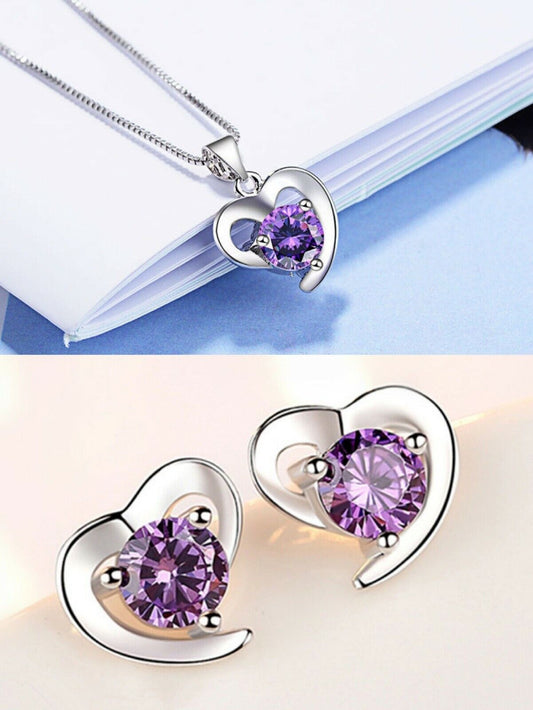 925 Sterling silver Heart Pendant Chain Necklace Stud Earrings Women Jewellery