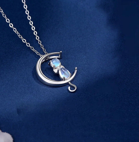 Women Moonstone Cat Pendant Chain Necklace 925 Sterling Silver Jewellery Gift UK