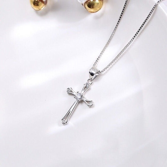 Crystal Cross Pendant Necklace 925 Sterling Silver Women's Jewellery Gift Uk