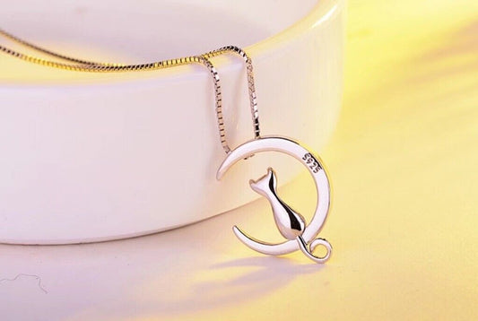 New Cat Moon Pendant Necklace 925 Sterling Silver Womens Jewellery Gift UK