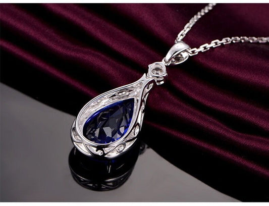 Blue Crystal Water Drop Pendant Chain Necklace 925 Sterling Silver Jewellery UK