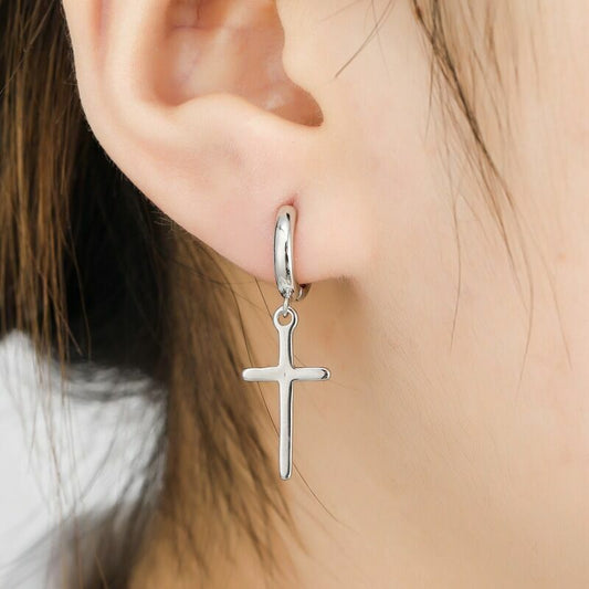 925 Sterling Silver Cross Dangle Hoop Earrings Women Girls Jewellery Gift