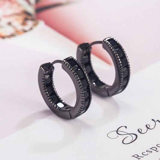 925 Sterling Silver Cubic Zirconia Black Hoop Earrings Women Girls Jewellery