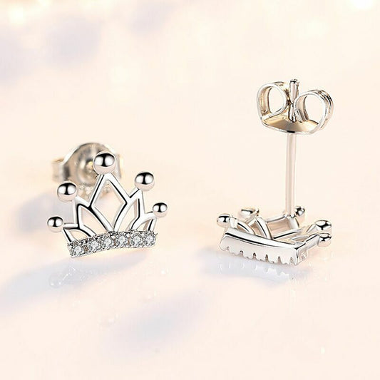 Womens Girls 925 Sterling Silver Crystal Crown Stud Earrings Jewellery Gift UK