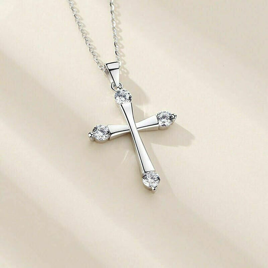 Crystal Cross Pendant Chain Necklace 925 Sterling Silver Jewellery Gift UK