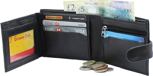 Mens RFID Blocking Soft Smooth Genuine Leather Wallet with A Zipped Coin Pocket and Id Card Window 94 (Black)