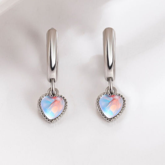 925 Sterling Silver Moonstone Heart Hoop Earrings Women Girls Jewellery Gift