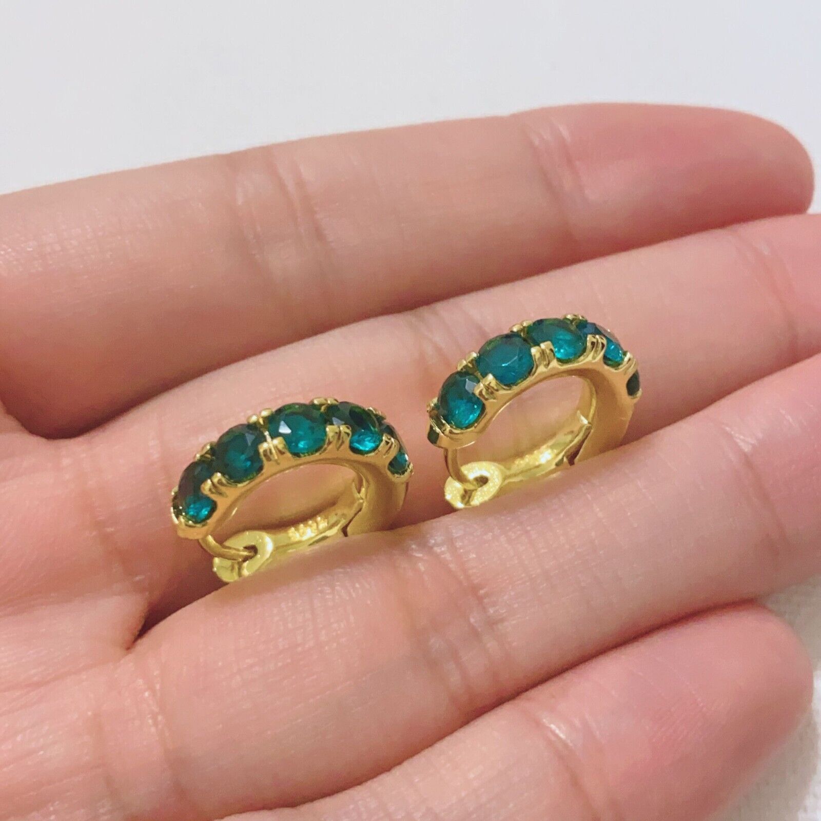 925 Sterling Silver Women Crystal Emerald Gold Huggie Hoop Earrings Jewellery