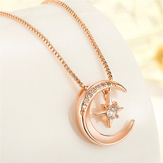 925 Sterling Silver Moon Star Hanged Pendant Chain Necklace Women Jewellery Gift