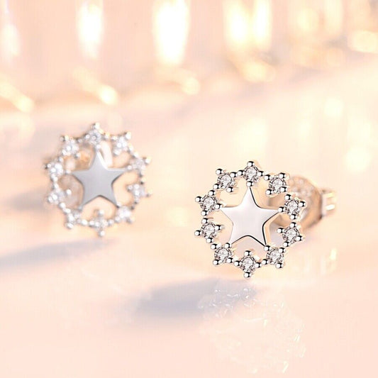 925 Sterling Silver Star Stone Linked Stud Earrings Womens Girls Jewellery New