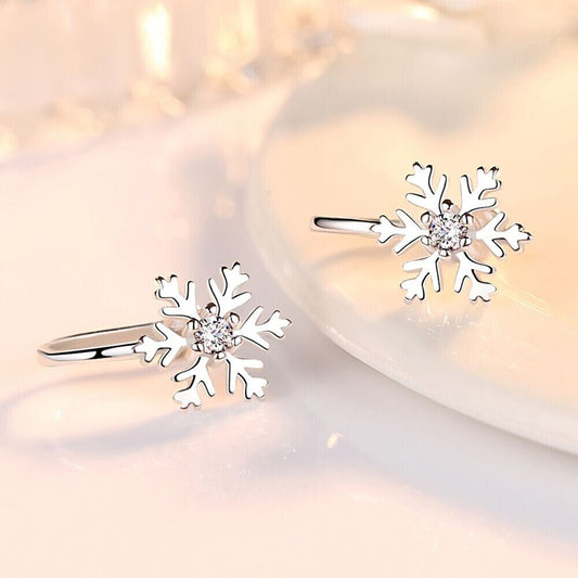 Lovely Crystal Snowflake Ear Clip Cuff Earrings 925 Sterling Silver Christmas