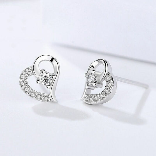 Crystal Heart Stud Earrings Women Girls 925 Sterling Silver Jewellery Gift UK