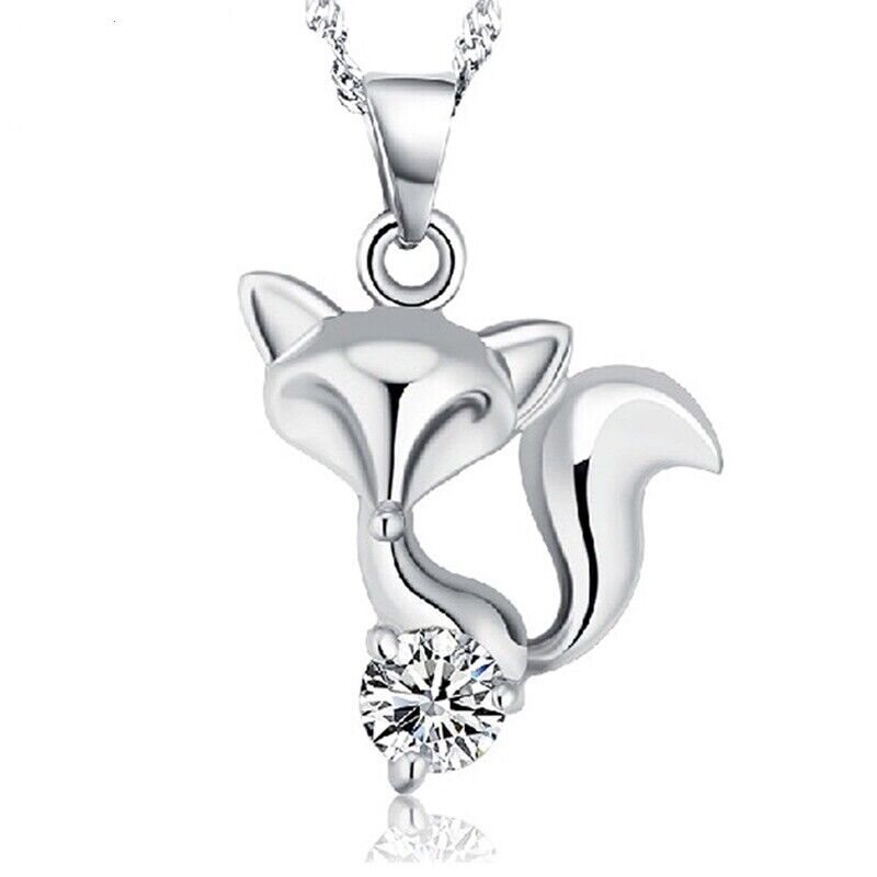 Crystal Stone Fox Pendant Chain Necklace 925 Sterling Silver Women's Girl's Gift