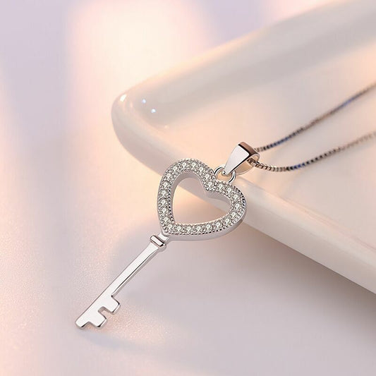 Women Crystal Heart Key Pendant Chain Necklace 925 Sterling Silver Jewellery UK