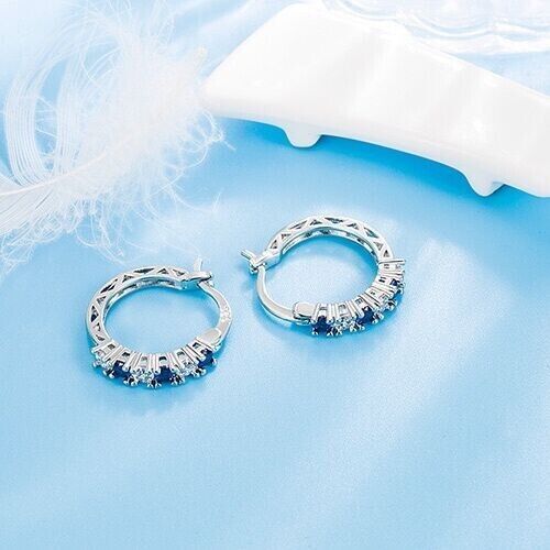 925 Sterling Silver Blue Crystal Hoop Earrings Jewellery Women Girls Gift UK