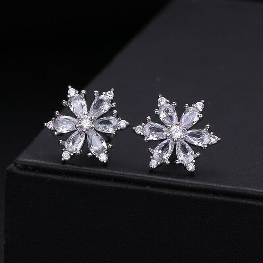 Crystal Snowflake Stud Earrings 925 Sterling Silver Womens Girls Christmas Gift