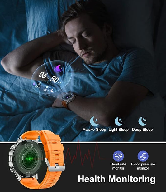 Military Smart Watch Answer and Make Call,400mAh Long Battery Fitness Tracker with Heart Rate Blood Pressure Monitor SpO2 100+ Sports,1.4'' HD Screen Tactical Smartwatch Orange