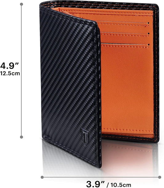 Wallets RFID Blocking Carbon Fibre Leather Mens Wallets with Zip Coin Pocket, 11 Card Holders, 2 ID Windows, 2 Banknote Compartments, Trifold Vertical Wallet, Black Orange