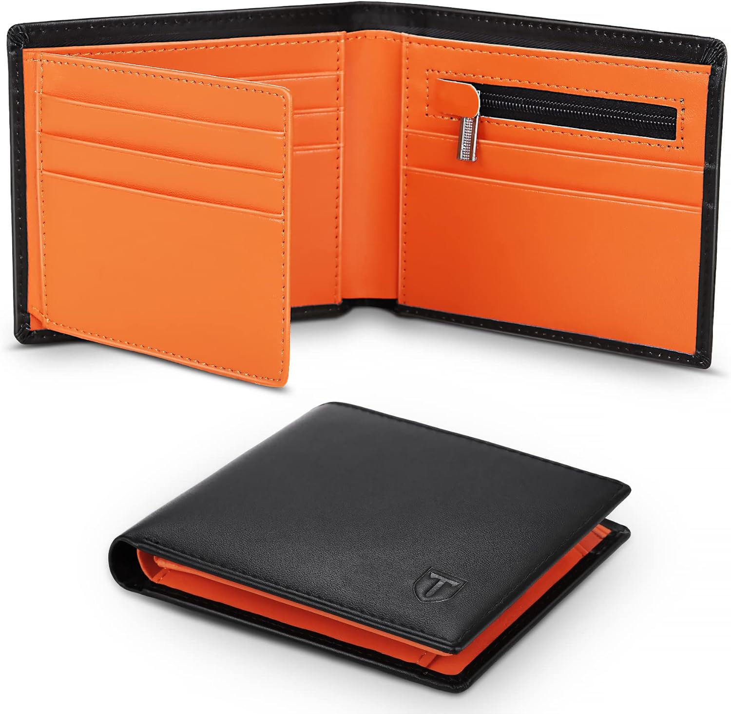 Wallets Mens Slim Genuine Leather RFID Blocking Wallet Mens with 11 Card Holder, 2 banknote compartments, Coin Pocket, Minimalist Wallets for Men UK with Gift Box - Black and Orange