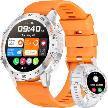 Smart Watch for Men Answer and Make Call,400mAh Long Battery Fitness Tracker with Heart Rate Blood Pressure Monitor SpO2 100+ Sports,1.4'' HD Screen Tactical Smartwatch for Android iOS Orange