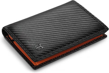 Wallets RFID Blocking Carbon Fibre Leather Mens Wallets with Zip Coin Pocket, 11 Card Holders, 2 ID Windows, 2 Banknote Compartments, Trifold Vertical Wallet, Black Orange