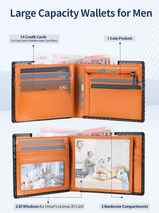 Men's Wallets Genuine Leather RIFD Tri-Fold Wallet with Coin Pocket,14 Credit Card Slots, 2 Banknote Compartments, 2 ID Windows, Minimalist Wallet with Gift Box Orange