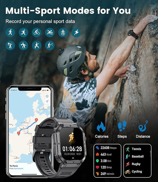 Military Smart Watch for Men Answer/Make Calls, 400 mAh Rugged Fitness Watch Tracker with 100+ Sports Modes Heart Rate Blood Oxygen Sleep Monitor, 1.96 Newest Tactical Smartwatch Black