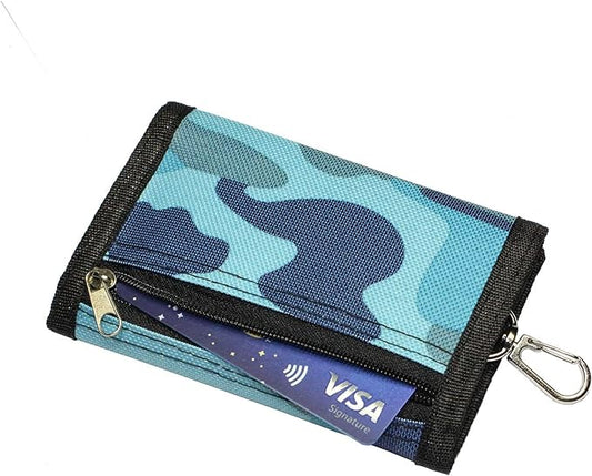 RFID Slim Camouflage Wallet for Kids/Trifold Wallets for Men/Mini Trifold Coin Purse with Zipper for Kids - Blue