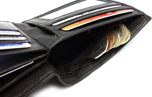 Mens RFID Blocking Safe Soft Leather Tri Fold Wallet Card Slots Id Window and Coin Pocket