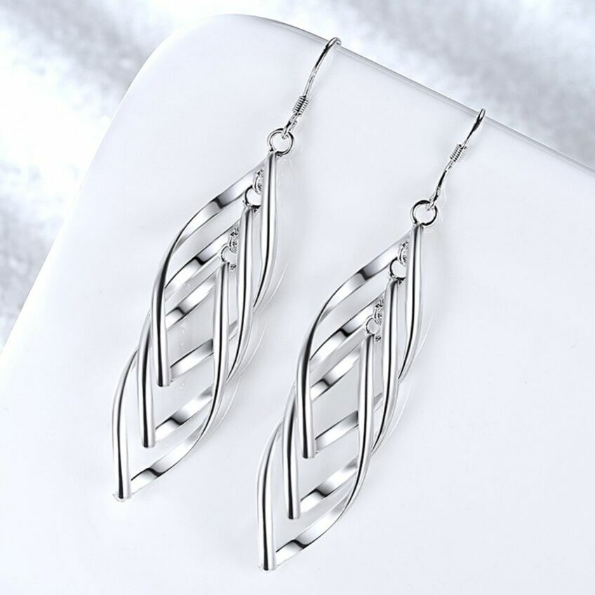 925 Sterling Silver Long Triple Leaf Drop Dangle Hook Earrings Women Jewellery